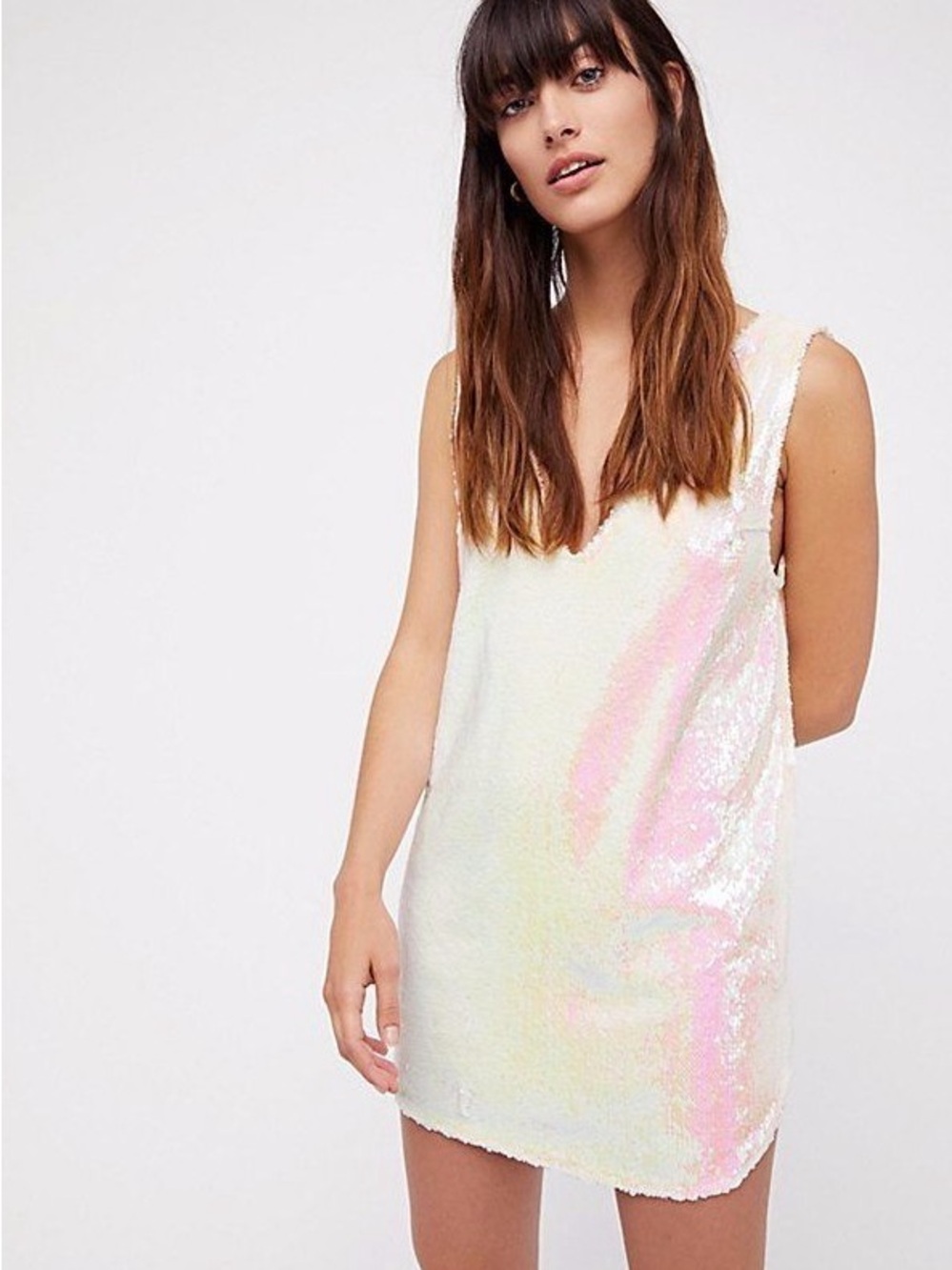 Free People Iridescent Sequin Mini Dress in White and Pink